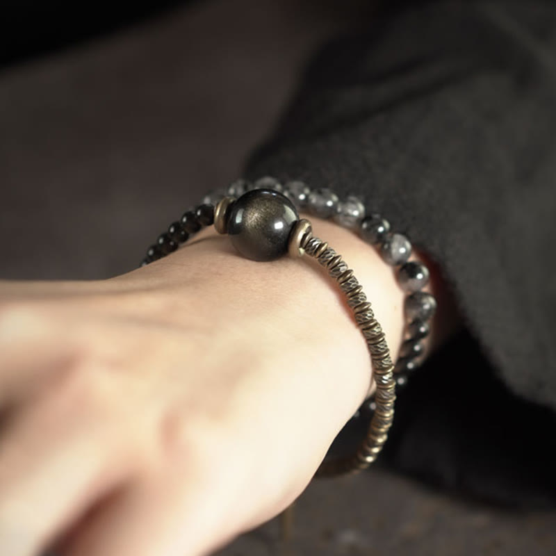 Buddha Stones Gold Sheen Obsidian Black Rutilated Quartz Copper Brass Double Wrap Protection Bracelet - image 3