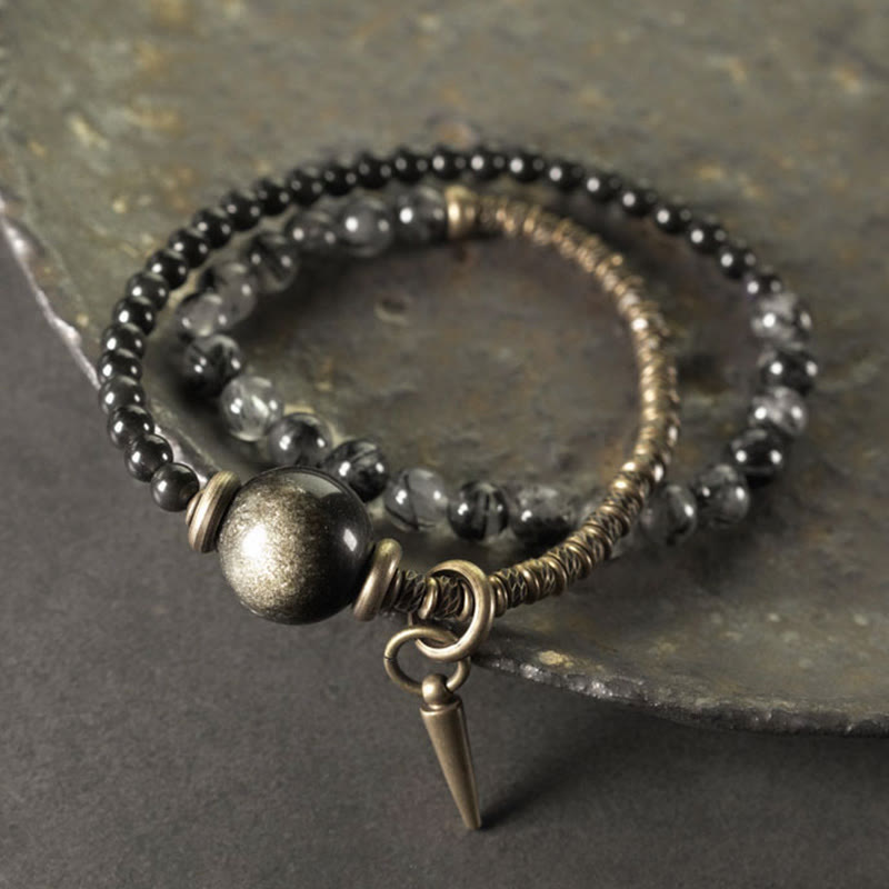 Buddha Stones Gold Sheen Obsidian Black Rutilated Quartz Copper Brass Double Wrap Protection Bracelet - Gold Sheen Obsidian Black Rutilated Quartz Brass(Wrist Circumference: 17-17.5cm) - image 0