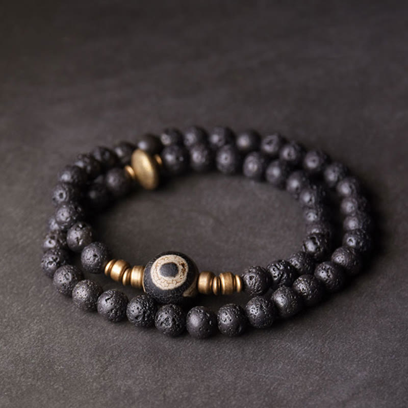 Buddha Stones Vintage Lava Rock Three-eyed Dzi Bead Copper Brass Beads Double Wrap Healing Bracelet - Lava Rock Three-eyed Dzi Bead Brass(Wrist Circumference:  17-17.6cm) - image 0