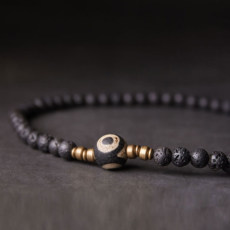 Buddha Stones Vintage Lava Rock Three-eyed Dzi Bead Copper Brass Beads Double Wrap Healing Bracelet - image 1