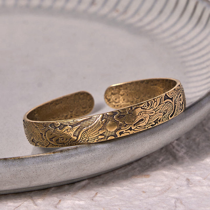 Buddha Stones Dragon And Phoenix Playing With A Pearl Carved Copper Brass Luck Protection Bracelet Bangle - image 2