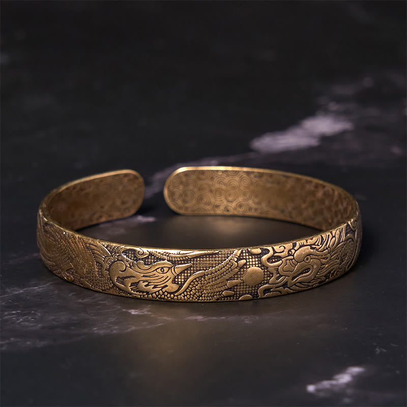 Buddha Stones Dragon And Phoenix Playing With A Pearl Carved Copper Brass Luck Protection Bracelet Bangle - image 1