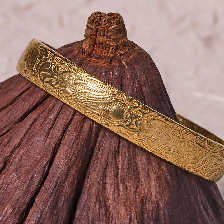 Buddha Stones Dragon And Phoenix Playing With A Pearl Carved Copper Brass Luck Protection Bracelet Bangle - image 10