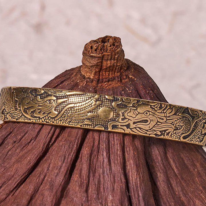 Buddha Stones Dragon And Phoenix Playing With A Pearl Carved Copper Brass Luck Protection Bracelet Bangle - image 3