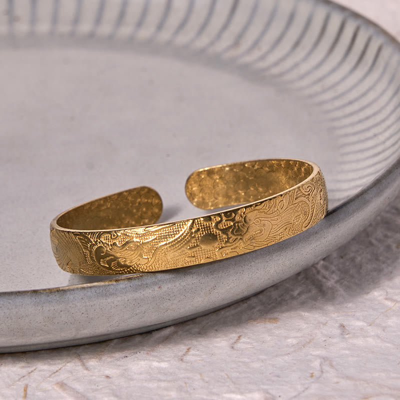 Buddha Stones Dragon And Phoenix Playing With A Pearl Carved Copper Brass Luck Protection Bracelet Bangle - image 9