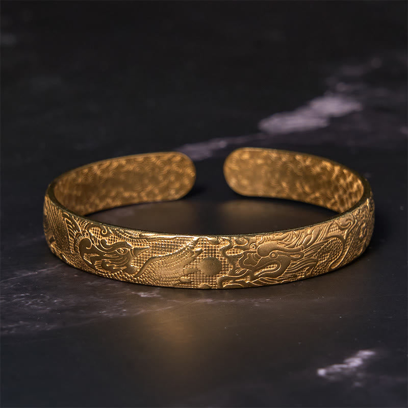 Buddha Stones Dragon And Phoenix Playing With A Pearl Carved Copper Brass Luck Protection Bracelet Bangle - image 8