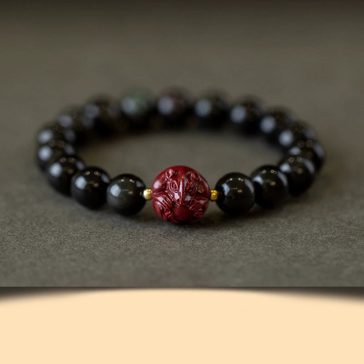 Buddha Stones Chinese Zodiac Natural Black Obsidian Cinnabar Purification Bracelet - 10mm Black Obsidian Cinnabar-Rat - image 2