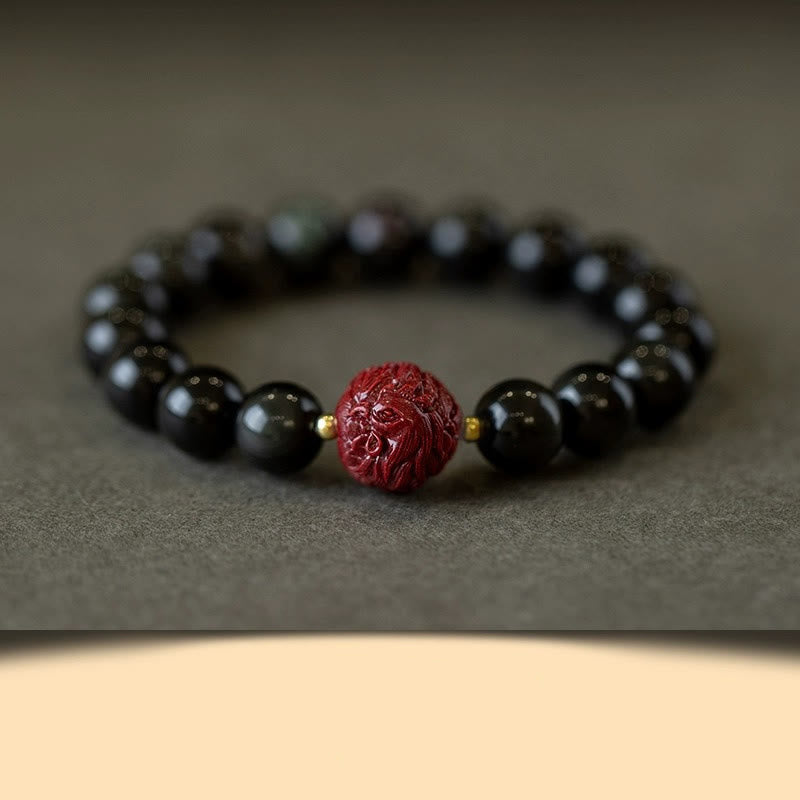 Buddha Stones Chinese Zodiac Natural Black Obsidian Cinnabar Purification Bracelet - 10mm Black Obsidian Cinnabar-Rooster - image 21
