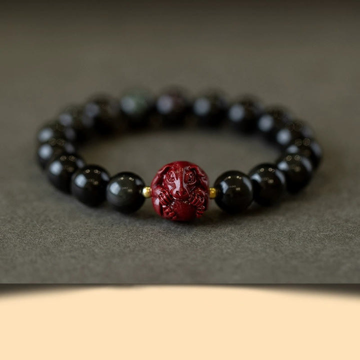 Buddha Stones Chinese Zodiac Natural Black Obsidian Cinnabar Purification Bracelet - 10mm Black Obsidian Cinnabar-Dog - image 22
