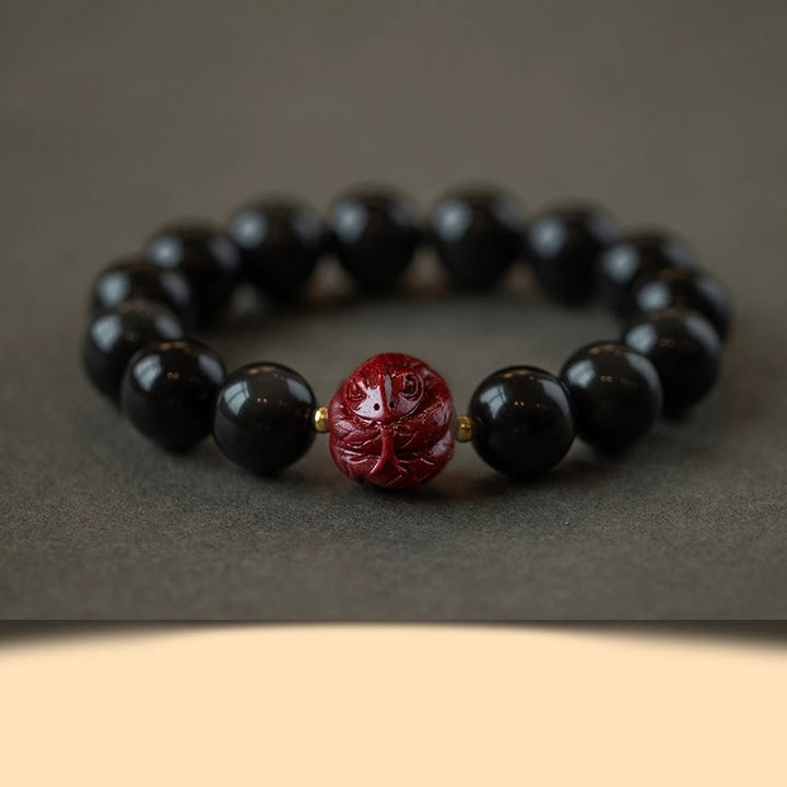 Buddha Stones Chinese Zodiac Natural Black Obsidian Cinnabar Purification Bracelet - 12mm Black Obsidian Cinnabar-Snake - image 24