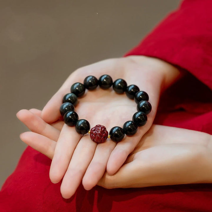 Buddha Stones Chinese Zodiac Natural Black Obsidian Cinnabar Purification Bracelet - image 11
