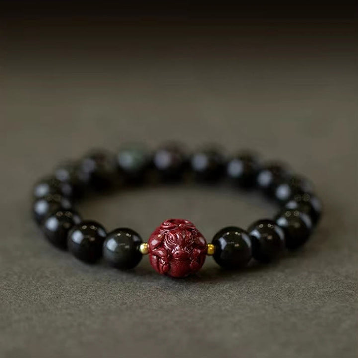 Buddha Stones Chinese Zodiac Natural Black Obsidian Cinnabar Purification Bracelet - image 4