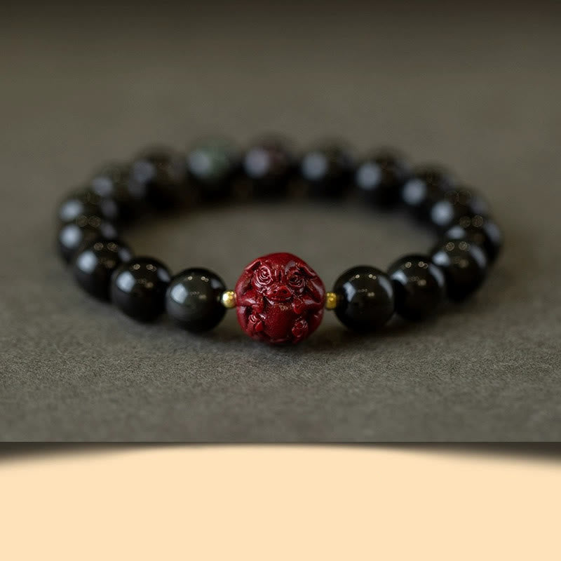 Buddha Stones Chinese Zodiac Natural Black Obsidian Cinnabar Purification Bracelet - 10mm Black Obsidian Cinnabar-Pig - image 23