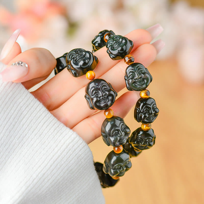 Buddha Stones Rainbow Obsidian Laughing Buddha Positive Transformation Bracelet - image 9