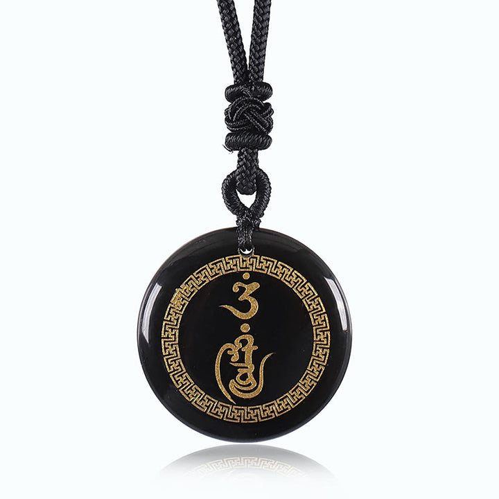 Buddha Stones Swastika Pattern Vajra Protection Mantra Natural Various Crystal Black Obsidian Purification Necklace Pendant - Black Obsidian - image 0