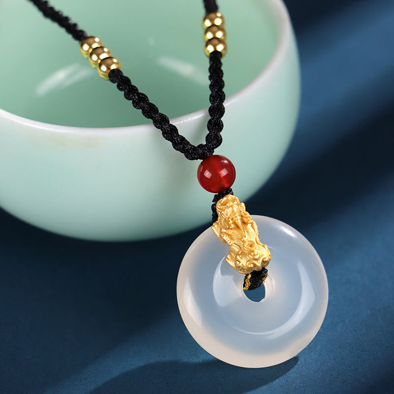 Buddha Stones  Black Onyx White Agate Peace Buckle 999 Sterling Silver Gold PiXiu Fortune Necklace Pendant - White Agate 999 Sterling Silver Gold PiXiu(Length: About 36cm) - image 8