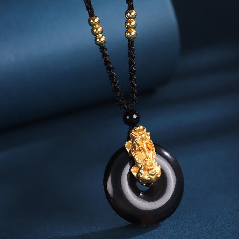 Buddha Stones  Black Onyx White Agate Peace Buckle 999 Sterling Silver Gold PiXiu Fortune Necklace Pendant - image 2