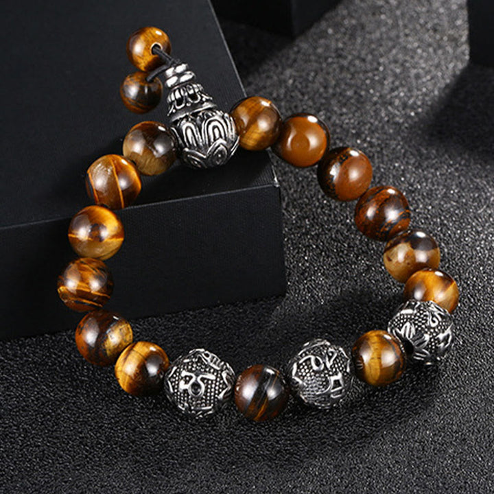 Buddha Stones Natural Tiger Eye Lava Rock Black Obsidian Titanium Steel Six-True-Words Om Mani Padme Hum Protection Bracelet - Tiger Eye(Wrist Circumference: 17-21cm) - image 0