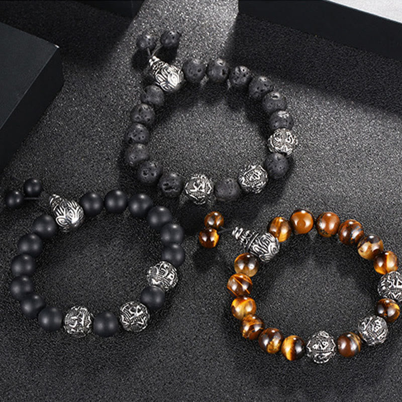 Buddha Stones Natural Tiger Eye Lava Rock Black Obsidian Titanium Steel Six-True-Words Om Mani Padme Hum Protection Bracelet - image 20