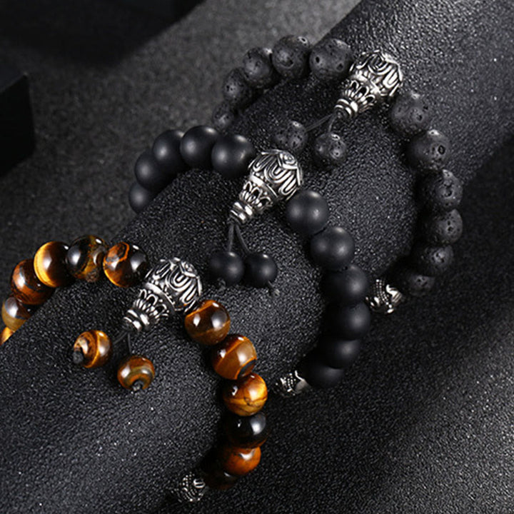 Buddha Stones Natural Tiger Eye Lava Rock Black Obsidian Titanium Steel Six-True-Words Om Mani Padme Hum Protection Bracelet - image 19