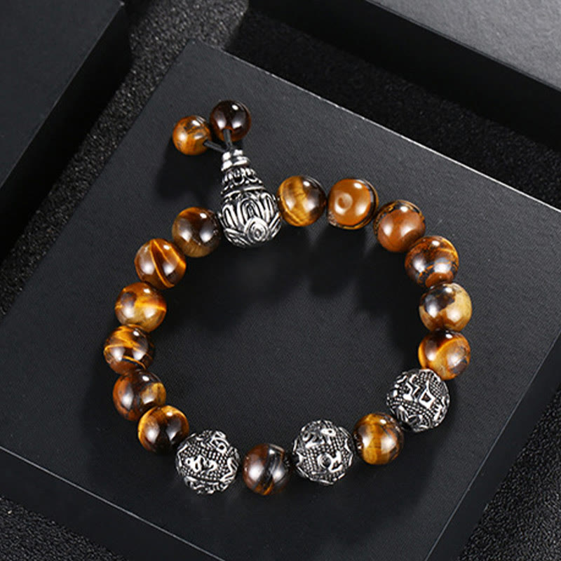 Buddha Stones Natural Tiger Eye Lava Rock Black Obsidian Titanium Steel Six-True-Words Om Mani Padme Hum Protection Bracelet - image 1