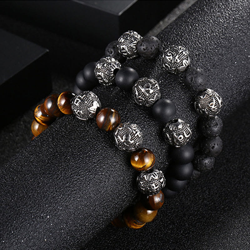 Buddha Stones Natural Tiger Eye Lava Rock Black Obsidian Titanium Steel Six-True-Words Om Mani Padme Hum Protection Bracelet - image 18
