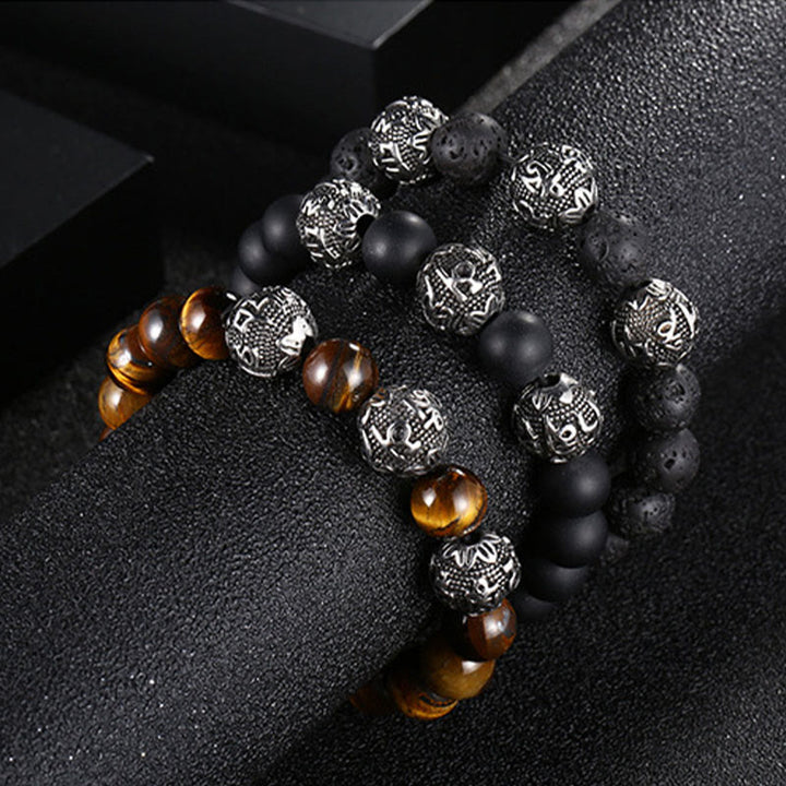 Buddha Stones Natural Tiger Eye Lava Rock Black Obsidian Titanium Steel Six-True-Words Om Mani Padme Hum Protection Bracelet - image 18