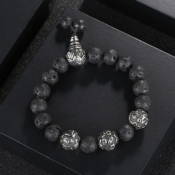 Buddha Stones Natural Tiger Eye Lava Rock Black Obsidian Titanium Steel Six-True-Words Om Mani Padme Hum Protection Bracelet - image 9