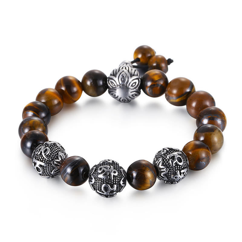 Buddha Stones Natural Tiger Eye Lava Rock Black Obsidian Titanium Steel Six-True-Words Om Mani Padme Hum Protection Bracelet - image 2