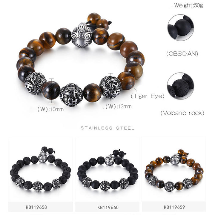 Buddha Stones Natural Tiger Eye Lava Rock Black Obsidian Titanium Steel Six-True-Words Om Mani Padme Hum Protection Bracelet - image 4