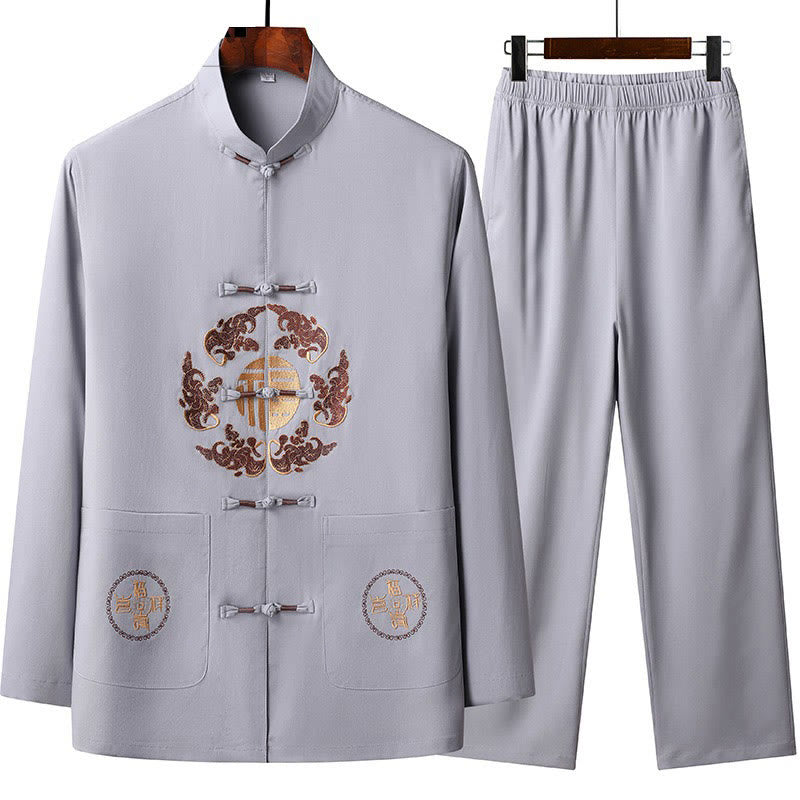 Buddha Stones Chinese New Year Embroidered Fu Tang Suit Hanfu Long Sleeve Top Pants Clothing Men's Set - Thistle - US/UK/AU44，EU54 (4XL) - image 1
