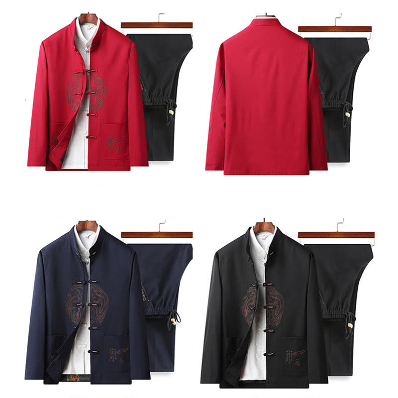Buddha Stones Chinese New Year Embroidered Tang Suit Hanfu Traditional Uniform Long Sleeve Top Pants Clothing Men's Set - image 1