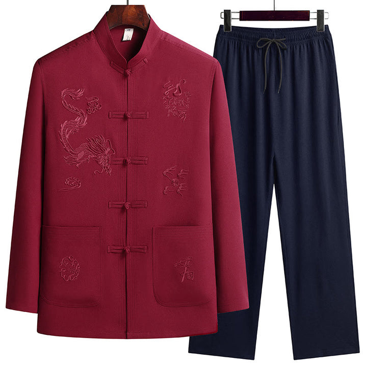 Buddha Stones Chinese New Year Embroidered Dragon Frog-button Tang Suit Hanfu Long Sleeve Top Pants Clothing Men's Set - Red - US/UK/AU44，EU54 (4XL) - image 0