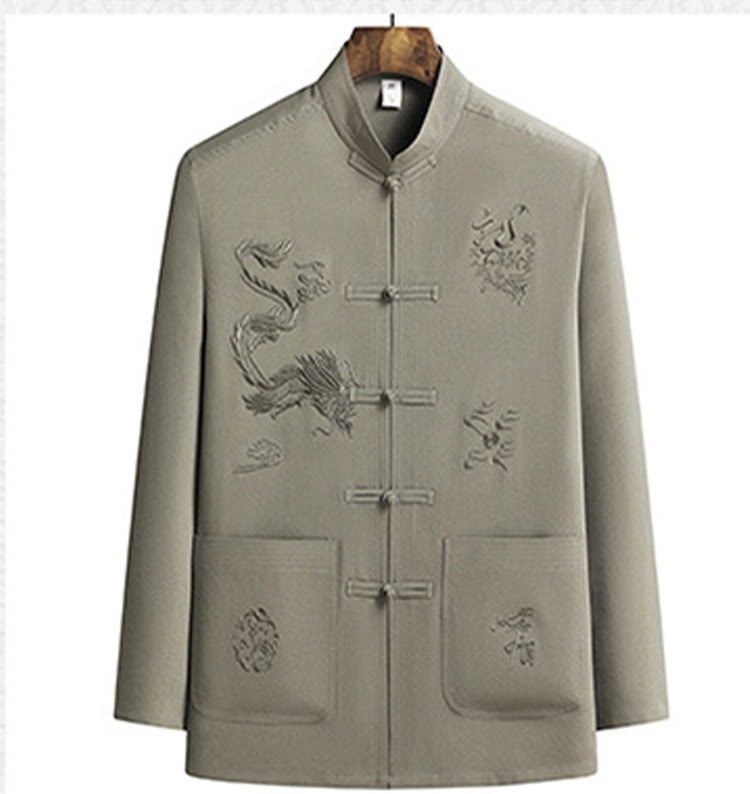 Buddha Stones Chinese New Year Embroidered Dragon Frog-button Tang Suit Hanfu Long Sleeve Top Pants Clothing Men's Set - image 20