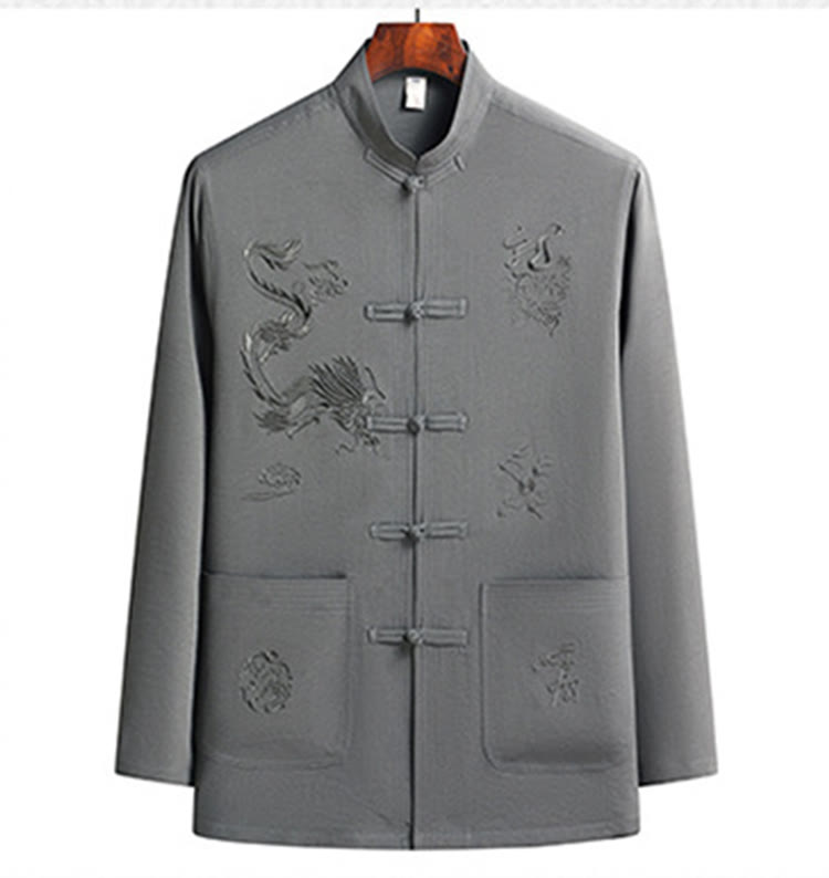 Buddha Stones Chinese New Year Embroidered Dragon Frog-button Tang Suit Hanfu Long Sleeve Top Pants Clothing Men's Set - image 16