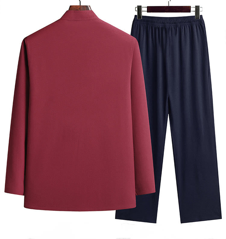 Buddha Stones Chinese New Year Embroidered Dragon Frog-button Tang Suit Hanfu Long Sleeve Top Pants Clothing Men's Set - image 1