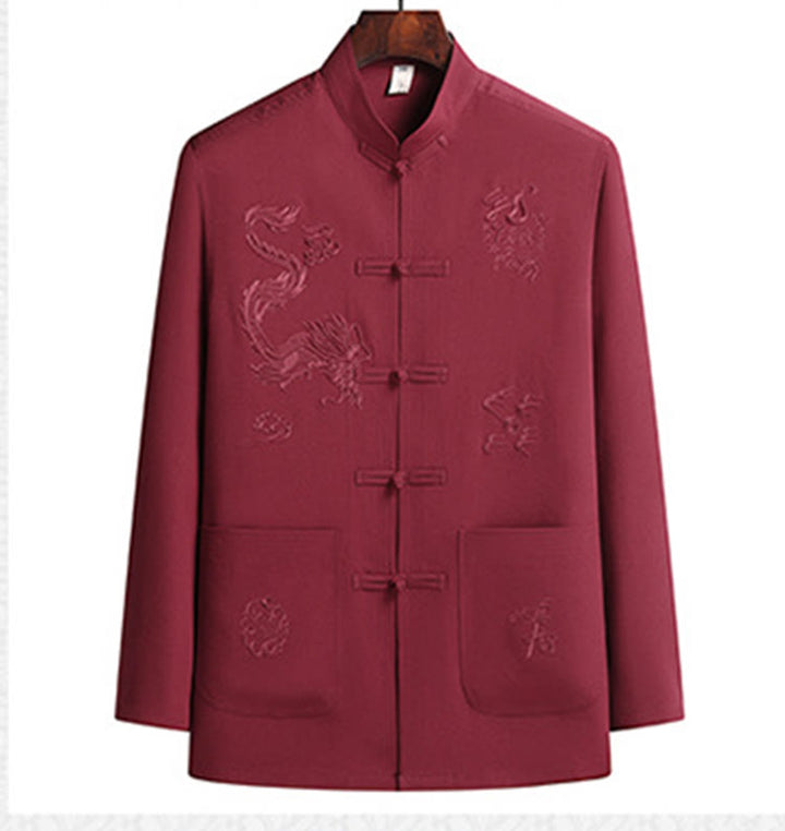 Buddha Stones Chinese New Year Embroidered Dragon Frog-button Tang Suit Hanfu Long Sleeve Top Pants Clothing Men's Set - image 2