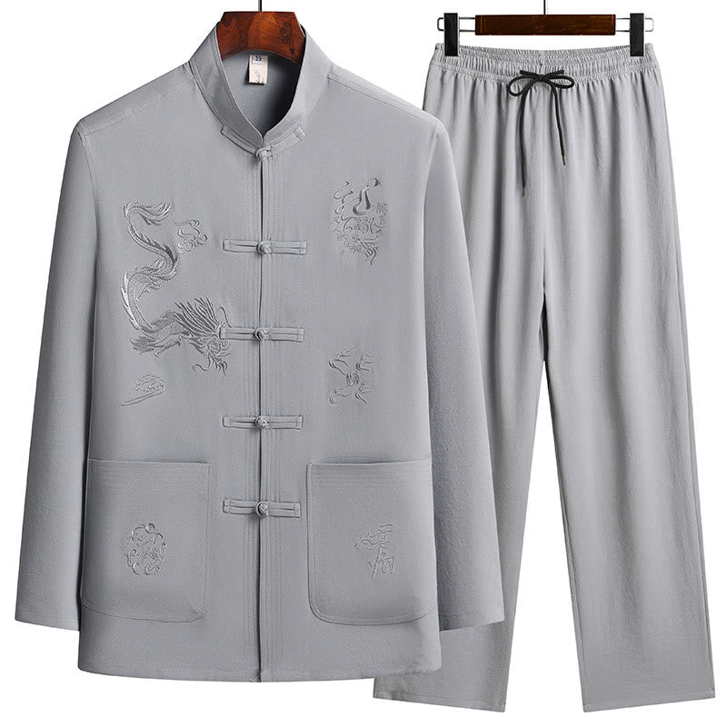 Buddha Stones Chinese New Year Embroidered Dragon Frog-button Tang Suit Hanfu Long Sleeve Top Pants Clothing Men's Set - DarkGray - US/UK/AU44，EU54 (4XL) - image 10