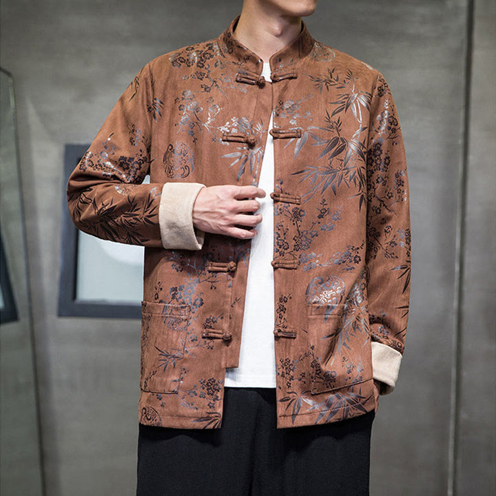 Buddha Stones Chinese New Year Clothes Flowers Bamboo Solid Color Cuff Frog-button Tang Suit Cotton Men's Jacket Shirt With Pockets - image 12