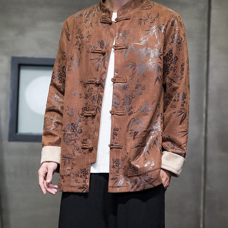 Buddha Stones Chinese New Year Clothes Flowers Bamboo Solid Color Cuff Frog-button Tang Suit Cotton Men's Jacket Shirt With Pockets - image 11