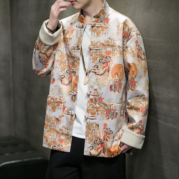 Buddha Stones Chinese New Year Clothes Ancient Figure Painting Solid Color Cuff Frog-button Tang Suit Cotton Men's Jacket Shirt With Pockets - image 22