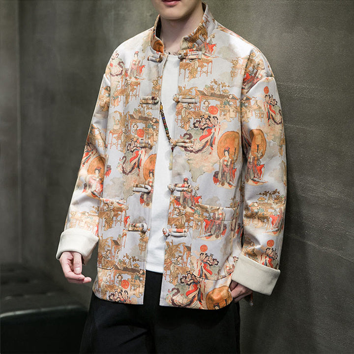Buddha Stones Chinese New Year Clothes Ancient Figure Painting Solid Color Cuff Frog-button Tang Suit Cotton Men's Jacket Shirt With Pockets - image 16