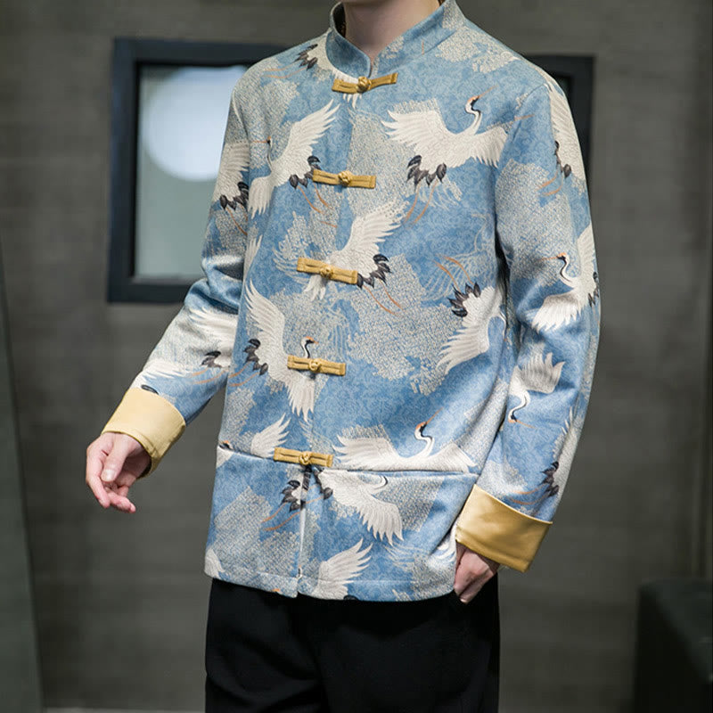 Buddha Stones Chinese New Year Clothes White Crane Gold Frog-button Tang Suit Cotton Men's Jacket Shirt With Pockets - image 8