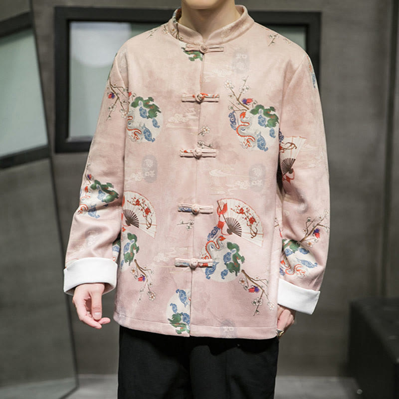 Buddha Stones Chinese New Year Clothes Flowers Dragon Fan Auspicious Clouds Frog-button Tang Suit Cotton Men's Jacket Shirt - Pink - US/UK/AU46，EU56 (5XL) - image 0