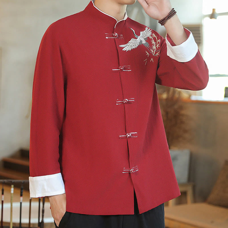 Buddha Stones Chinese New Year Flying Crane Embroidery Frog-button Tang Suit Cotton Men's Jacket Shirt - image 7