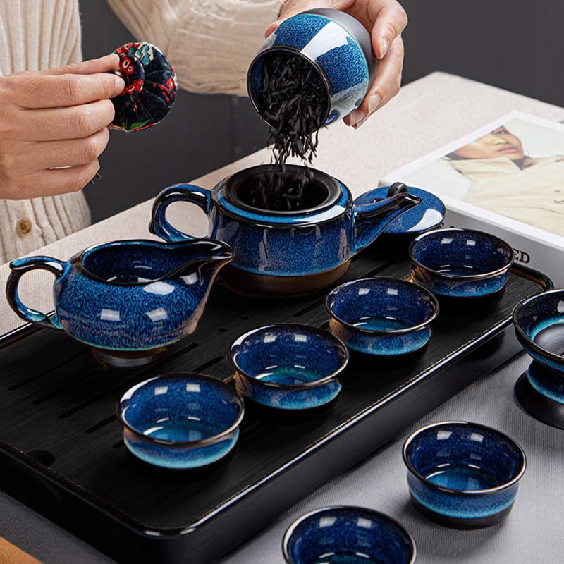 Buddha Stones Blue Gradient Color Chinese Gongfu Tea Ceramic Teapot Portable Gift Bag Box Set - image 19