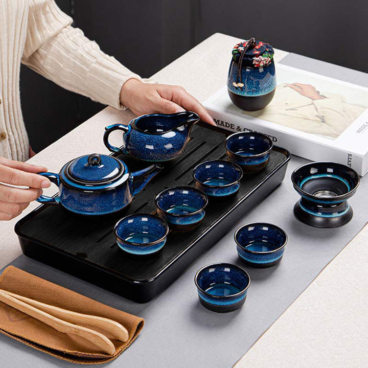 Buddha Stones Blue Gradient Color Chinese Gongfu Tea Ceramic Teapot Portable Gift Bag Box Set - image 20