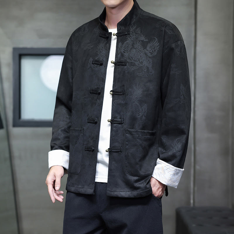 Buddha Stones Chinese New Year Kirin Print Frog-button Tang Suit Men's Jacket Shirt With Pockets - image 18