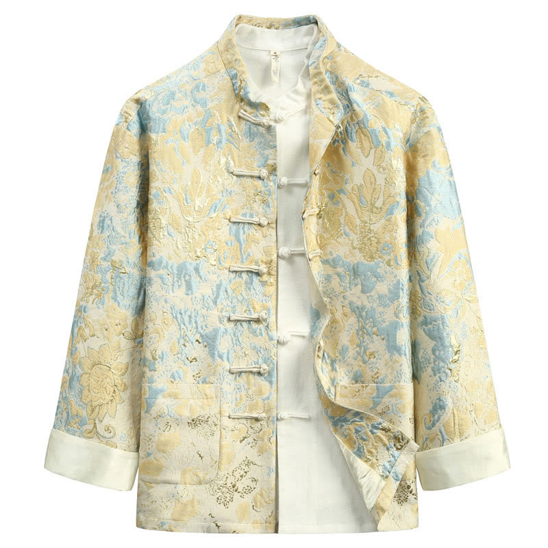 Buddha Stones Chinese New Year Jacquard Embroidery Frog-button Tang Suit Men's Jacket Shirt With Pockets - LightGoldenrodYellow - US/UK/AU44，EU54 (4XL) - image 0