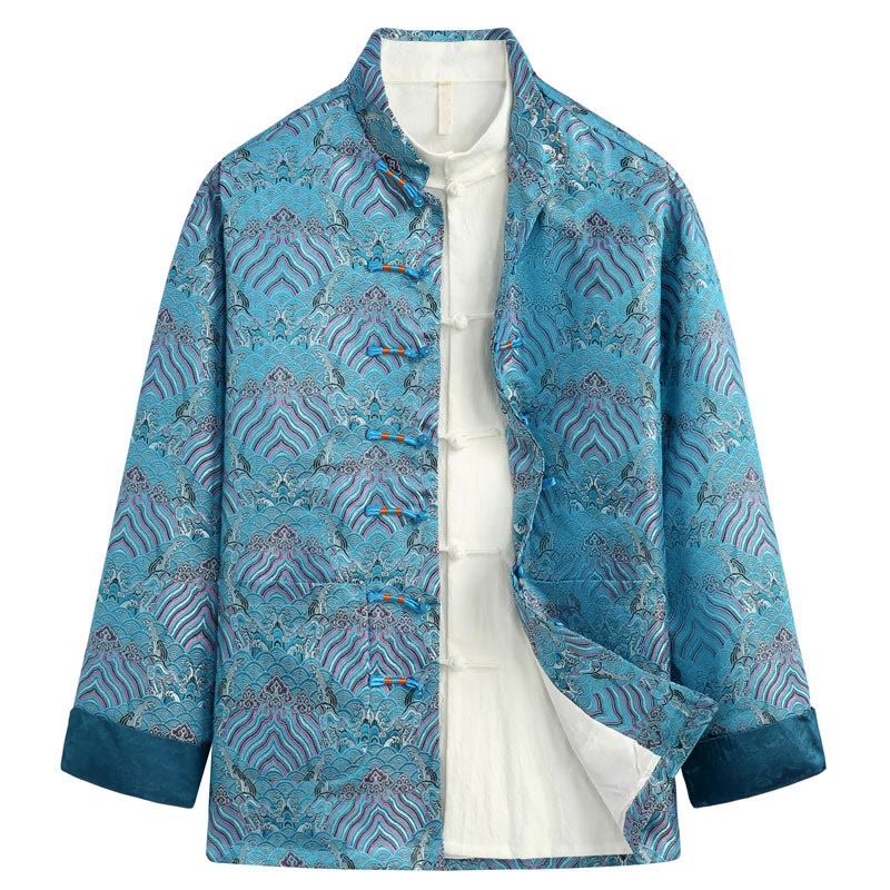 Buddha Stones Chinese New Year Jacquard Damask Seawater Pattern Frog-button Tang Suit Men's Jacket Shirt With Pockets - DeepSkyBlue - US/UK/AU44，EU54 (4XL) - image 4